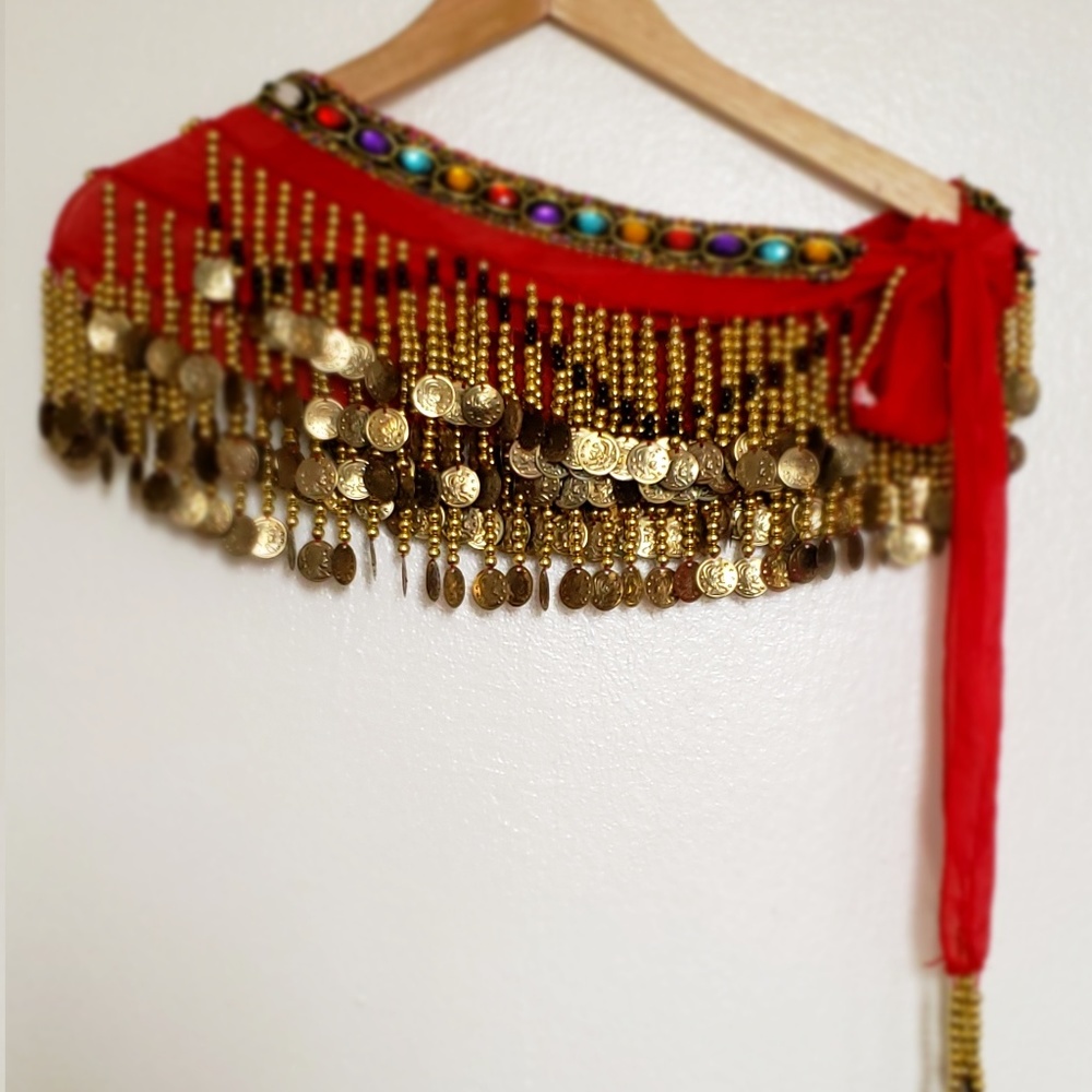 Belly Dance Hip Scarf, Gold Coin Dance Belt - Red